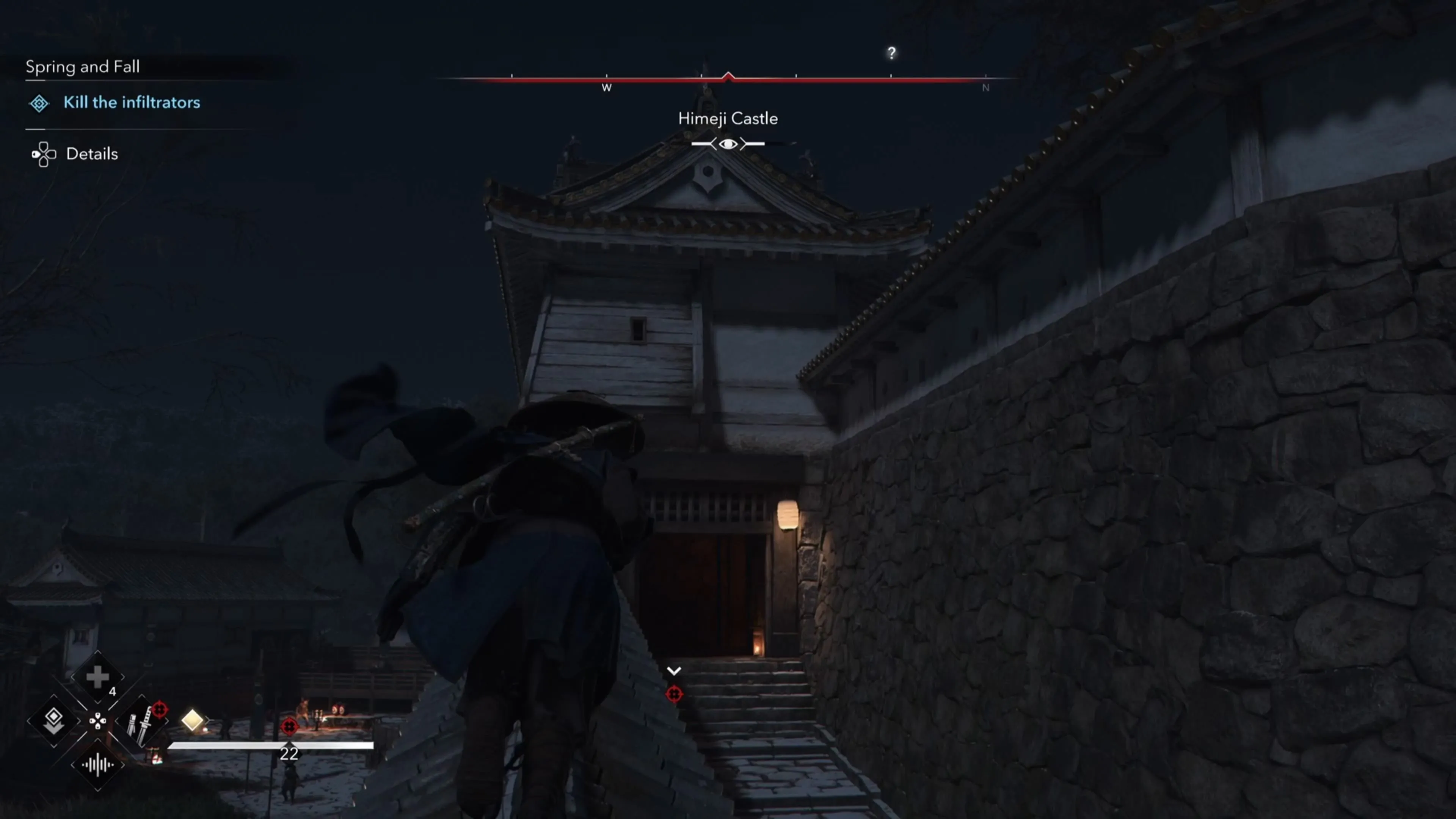 Naoe thực hiện ám sát từ trên không xuống một mục tiêu trong Assassin's Creed Shadows