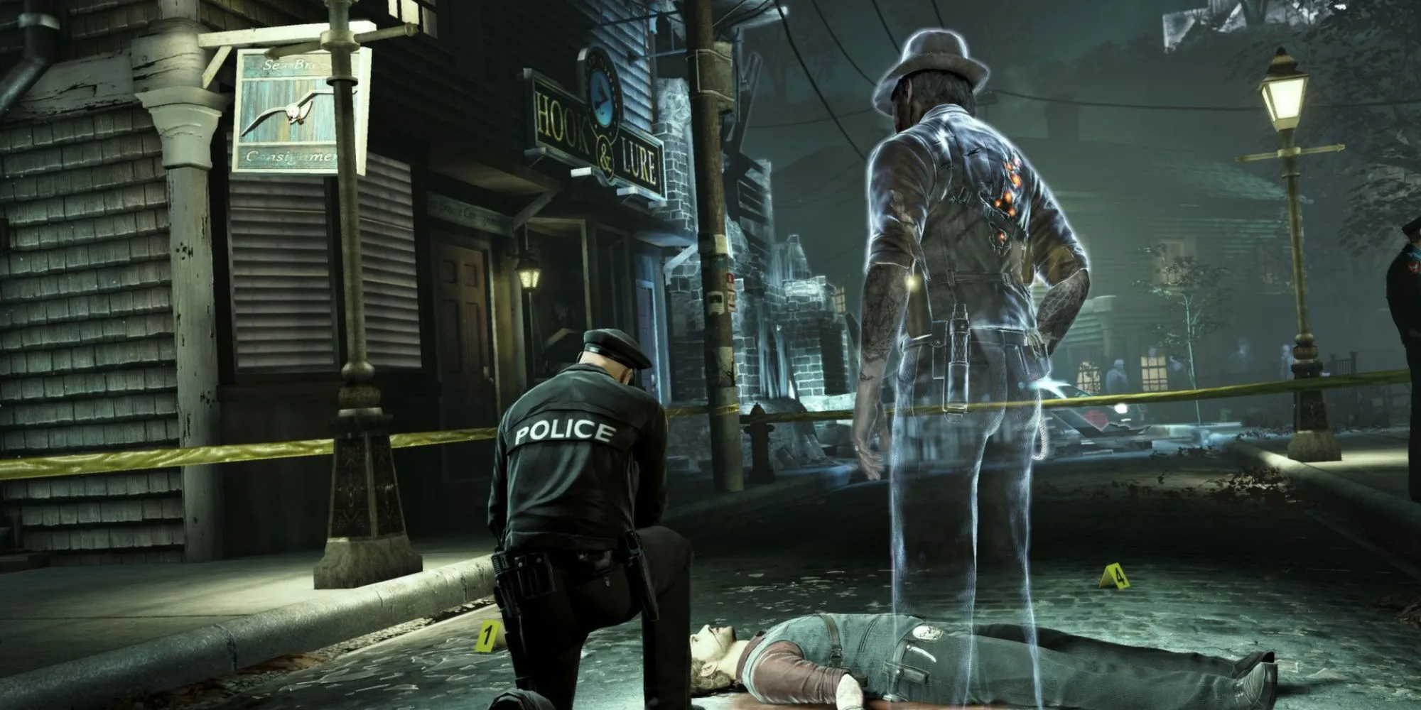 Nghi phạm Ronan O'Connor trong Murdered: Soul Suspect đứng nhìn thi thể của chính mình sau khi bị sát hại