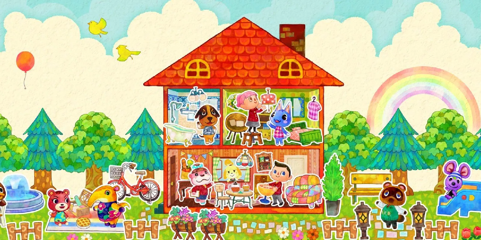 Ngôi nhà búp bê cắt ngang hiển thị nội thất trong Happy Home Designer với các dân làng xung quanh