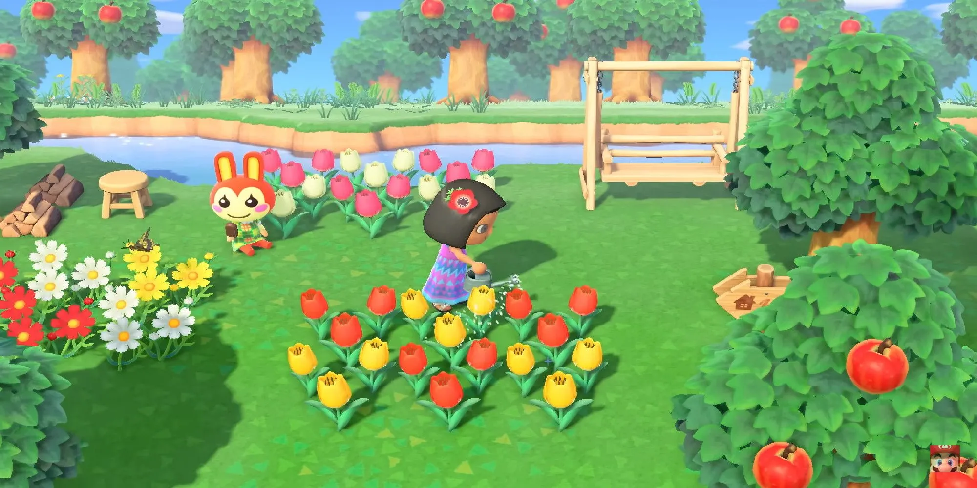 Người chơi Animal Crossing New Horizons tưới hoa trên hòn đảo của mình