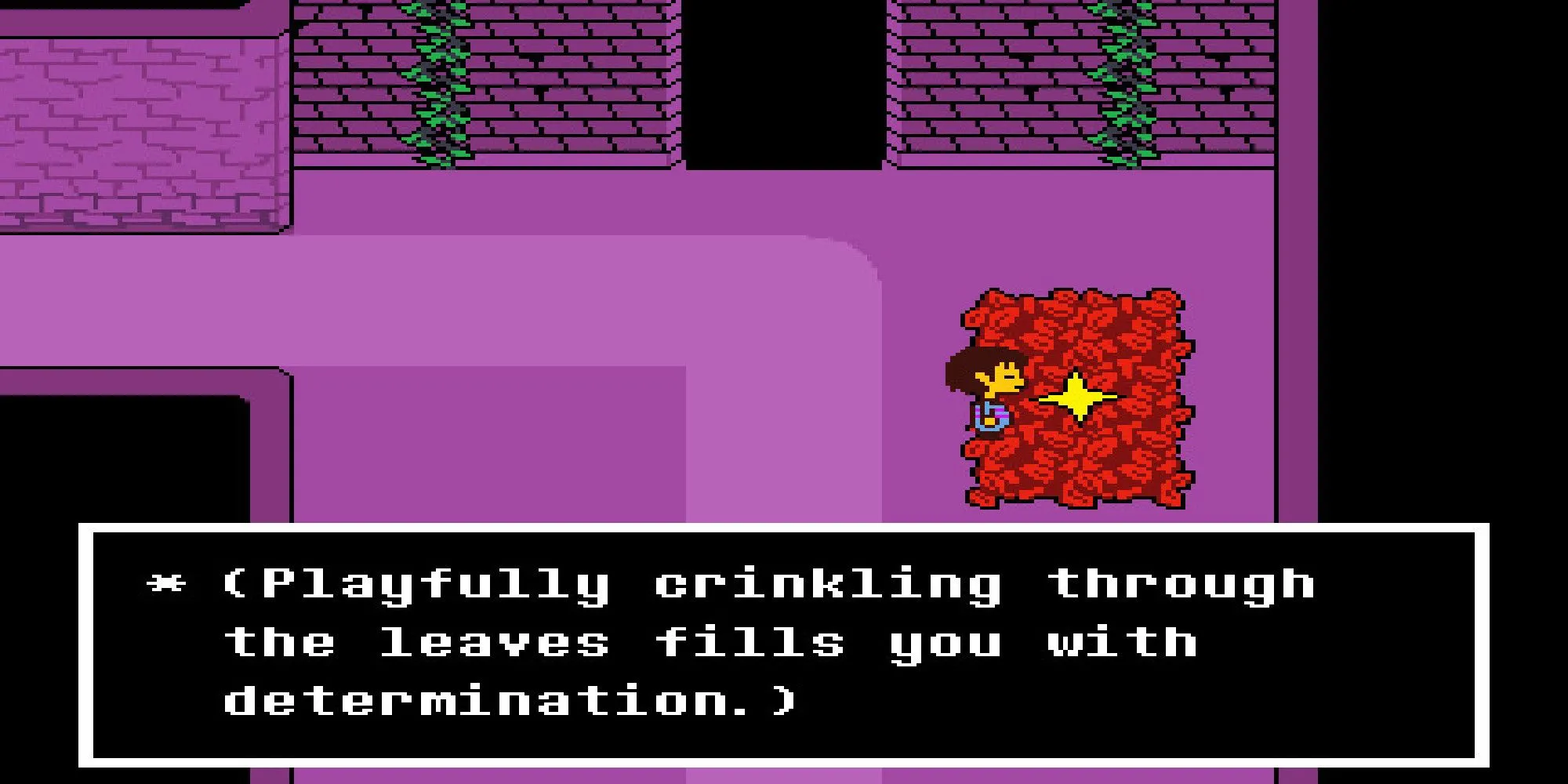 Người chơi chơi đùa trong lá cây trong Undertale