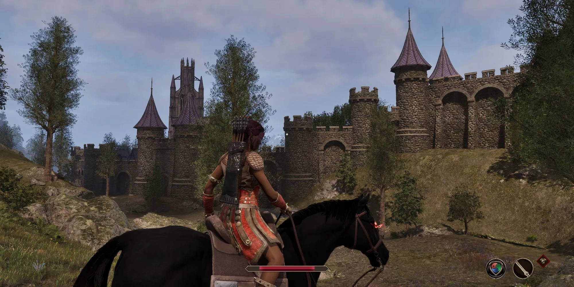 Người chơi cưỡi ngựa khám phá thành phố Cheydinhal trong thế giới mở Oblivion Remastered