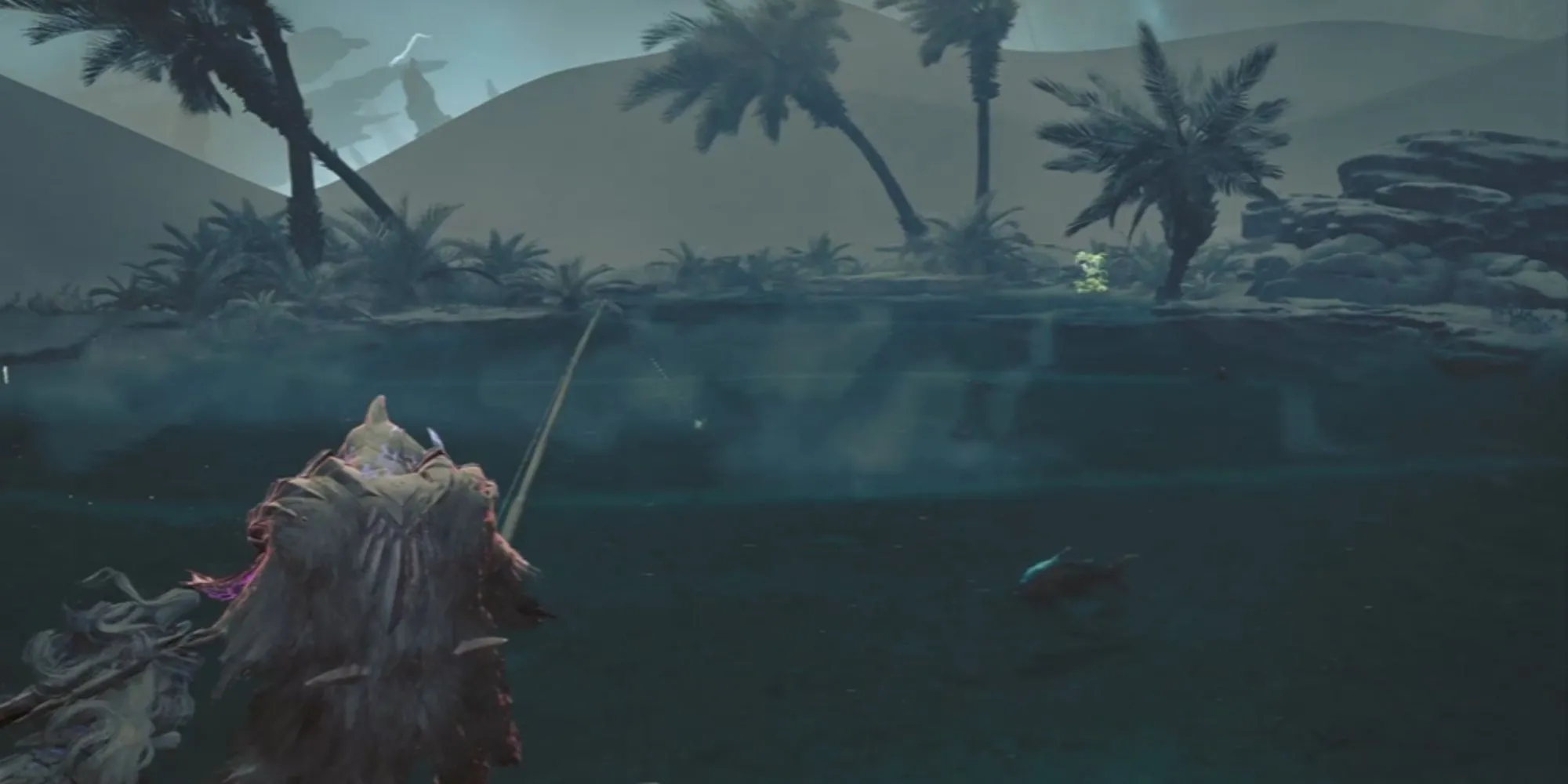 Người chơi đang câu cá tại một điểm nước trong Monster Hunter Wilds
