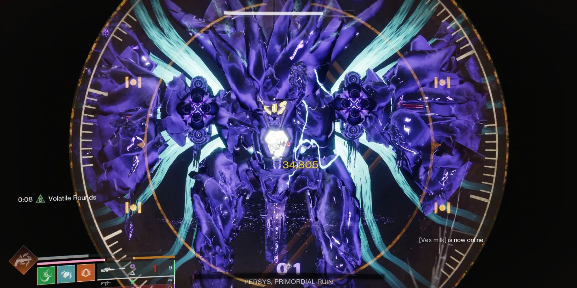 Người chơi gây sát thương cho boss cuối Persys trong Destiny 2
