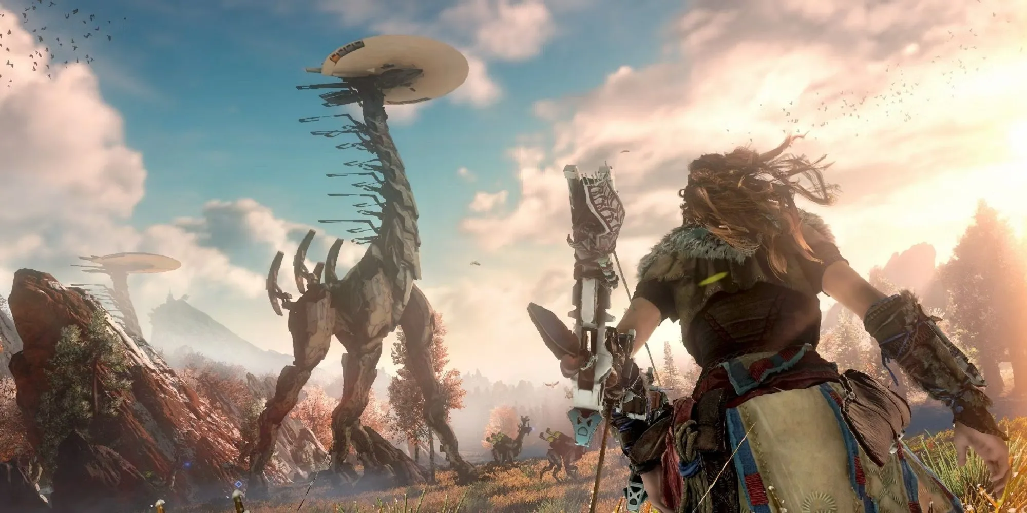 Nhân vật Aloy trong Horizon Zero Dawn ngắm nhìn một Tallneck khổng lồ bằng cây cung của mình