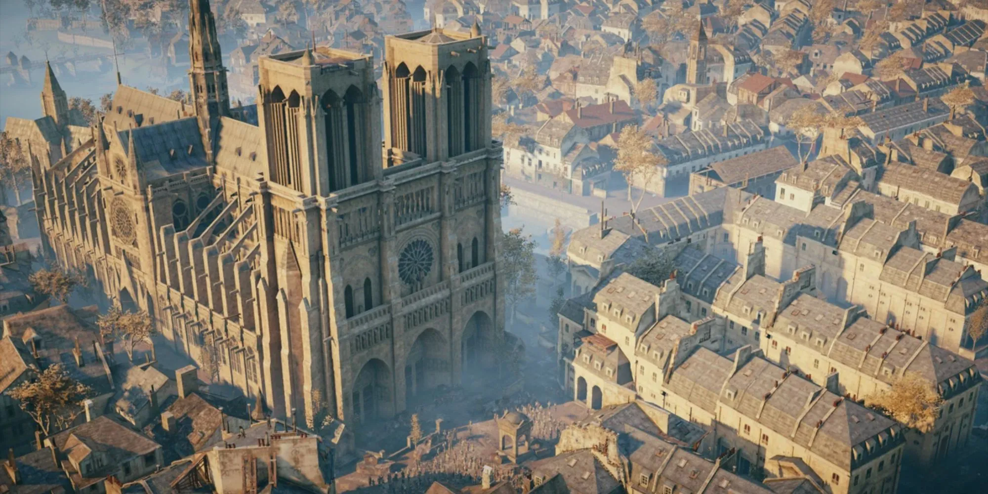 Nhân vật Arno Dorian nhìn xuống thành phố Paris từ nóc nhà thờ trong Assassin's Creed Unity
