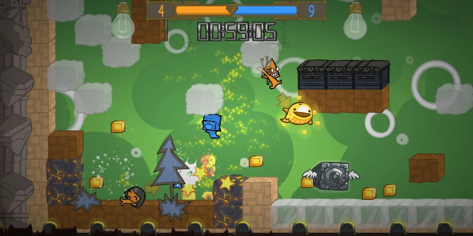 Nhân vật Battleblock Theater vượt chướng ngại vật trong một màn chơi đầy màu sắc