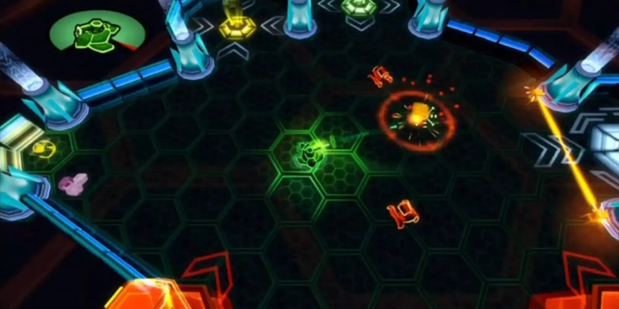 Nhân vật Bentley, chú rùa thông thái trong Sly Cooper, đang thực hiện một mini-game hacking dạng top-down, điều khiển avatar kỹ thuật số né tránh các chương trình phòng thủ.