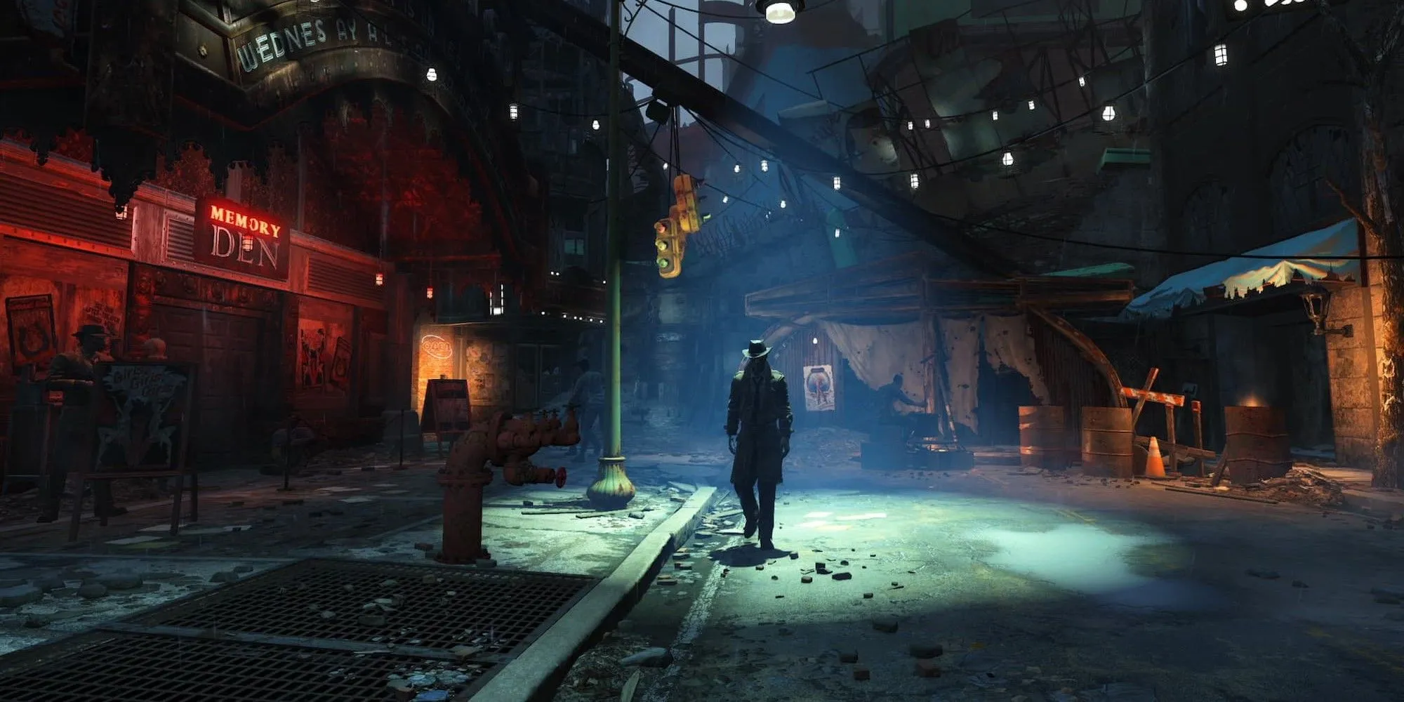 Nhân vật bước đi trên một con phố tối tăm trong Fallout 4