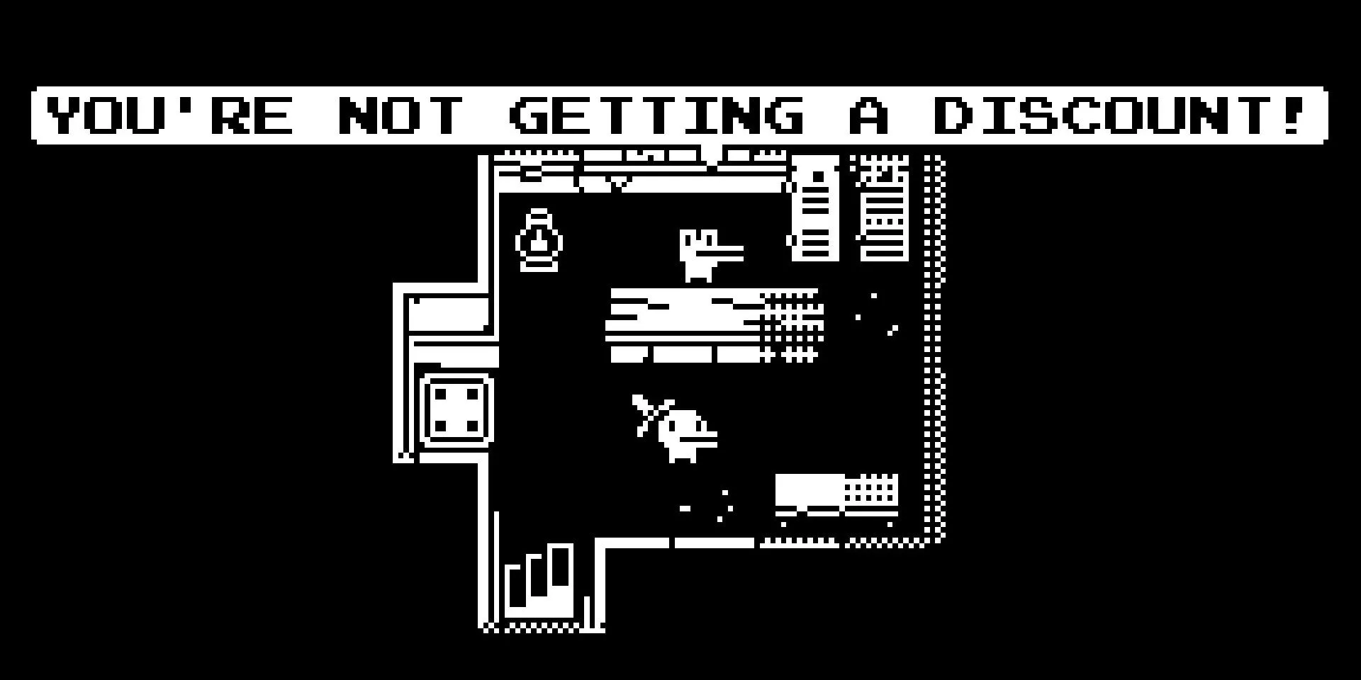 Nhân vật chính đang bước vào cửa hàng trong game Minit với đồ họa pixel đen trắng đặc trưng