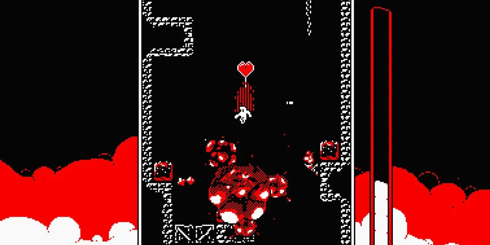 Nhân vật chính đang né tránh các vụ nổ trong game Downwell với đồ họa pixel ba màu đặc trưng