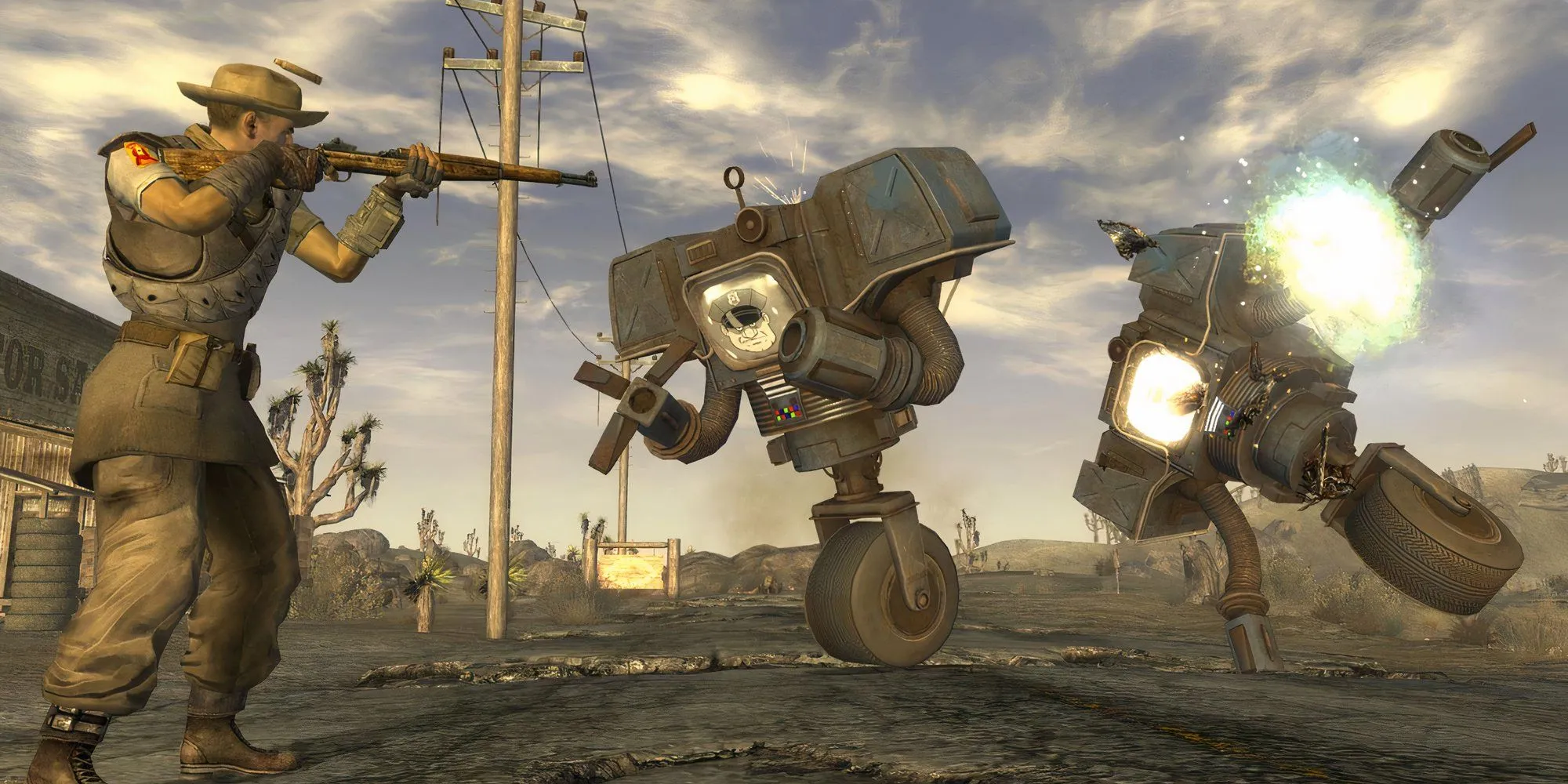 Nhân vật chính Fallout New Vegas sử dụng shotgun chiến đấu với kẻ địch