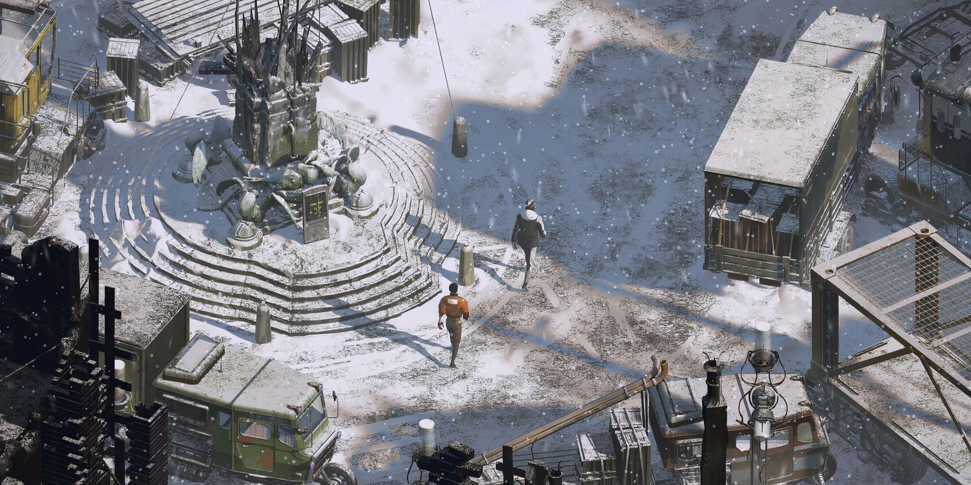 Nhân vật chính Harry Du Bois và cộng sự Kim Kitsuragi trong game RPG trinh thám Disco Elysium đang đi bộ trong tuyết.