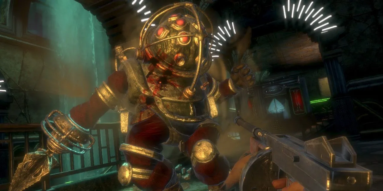 Nhân vật chính khám phá thành phố Rapture dưới nước trong game BioShock.