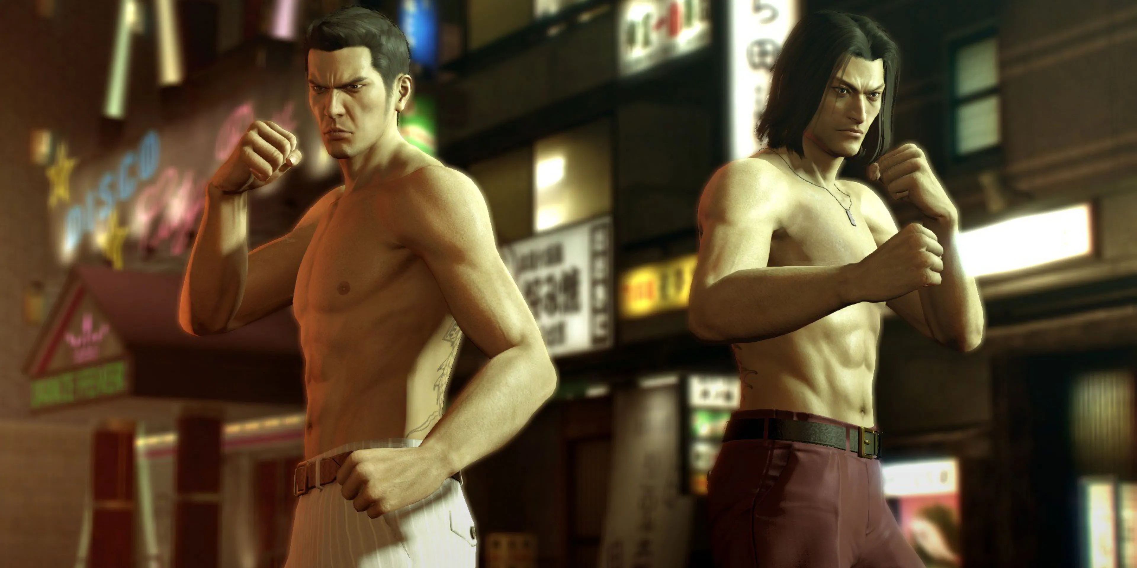 Nhân vật chính Kiryu Kazuma và Nishiki Yama trong cảnh quay từ game Yakuza 0, bối cảnh thập niên 1980.