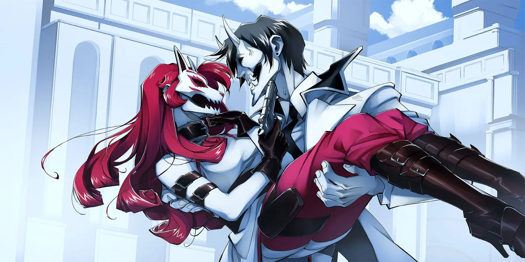 Nhân vật chính Neon White và các nhân vật khác theo phong cách visual novel trong game Neon White