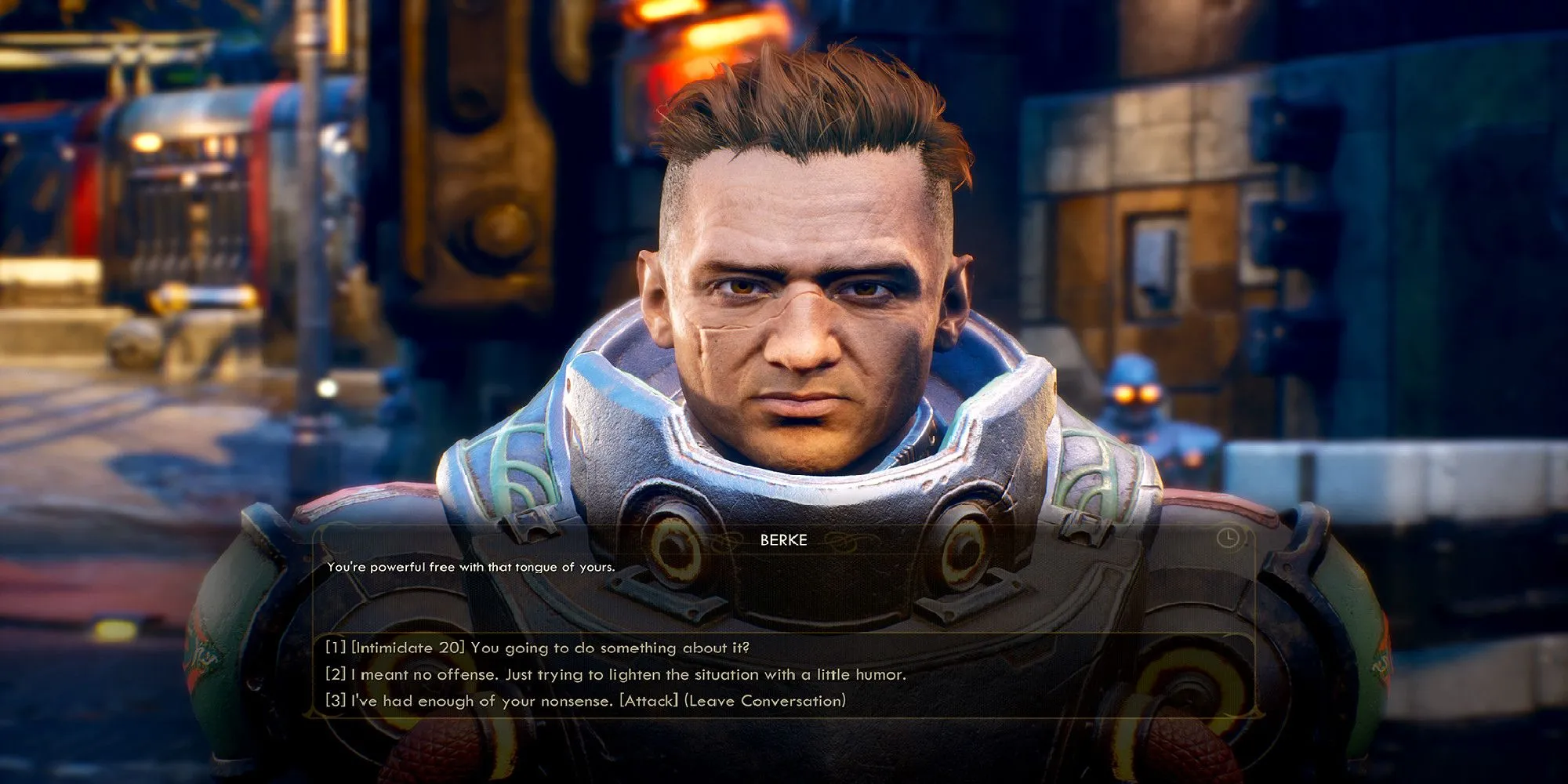 Nhân vật chính nói chuyện với một người lính trong The Outer Worlds