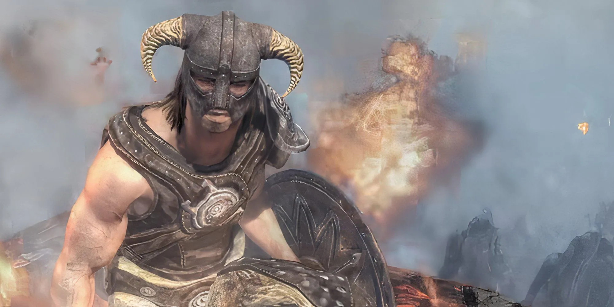 Nhân vật chính Skyrim bên lửa trại trong thế giới mở rộng lớn
