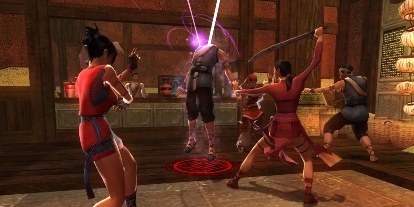 Nhân vật chính sử dụng kỹ năng chiến đấu trong Jade Empire, game Action RPG lấy cảm hứng võ thuật phương Đông