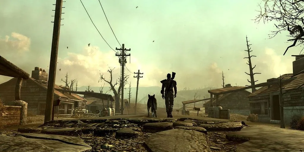 Nhân vật chính và chú chó Dogmeat đi trên con đường ở Washington D.C. đổ nát trong Fallout 3