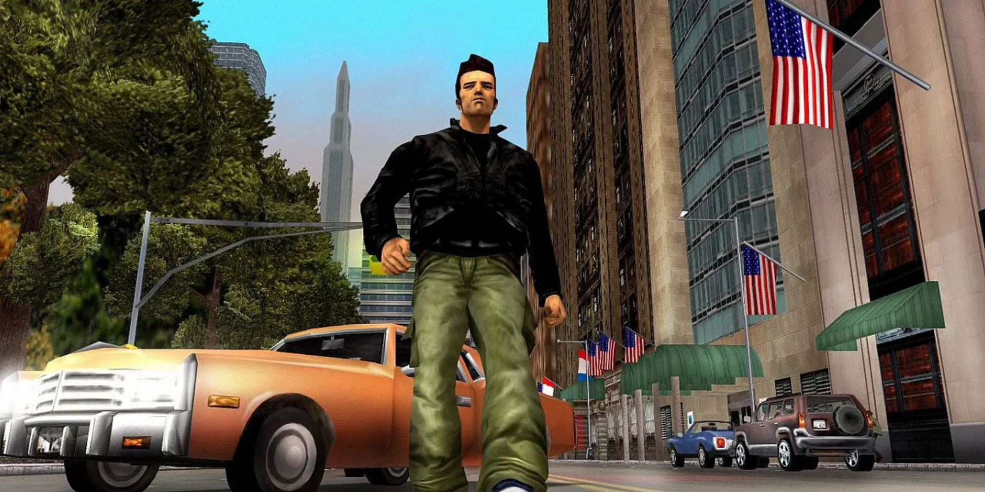 Nhân vật Claude trong game GTA 3 trên PS2 đứng giữa đường phố Liberty City với đồ họa cũ kỹ
