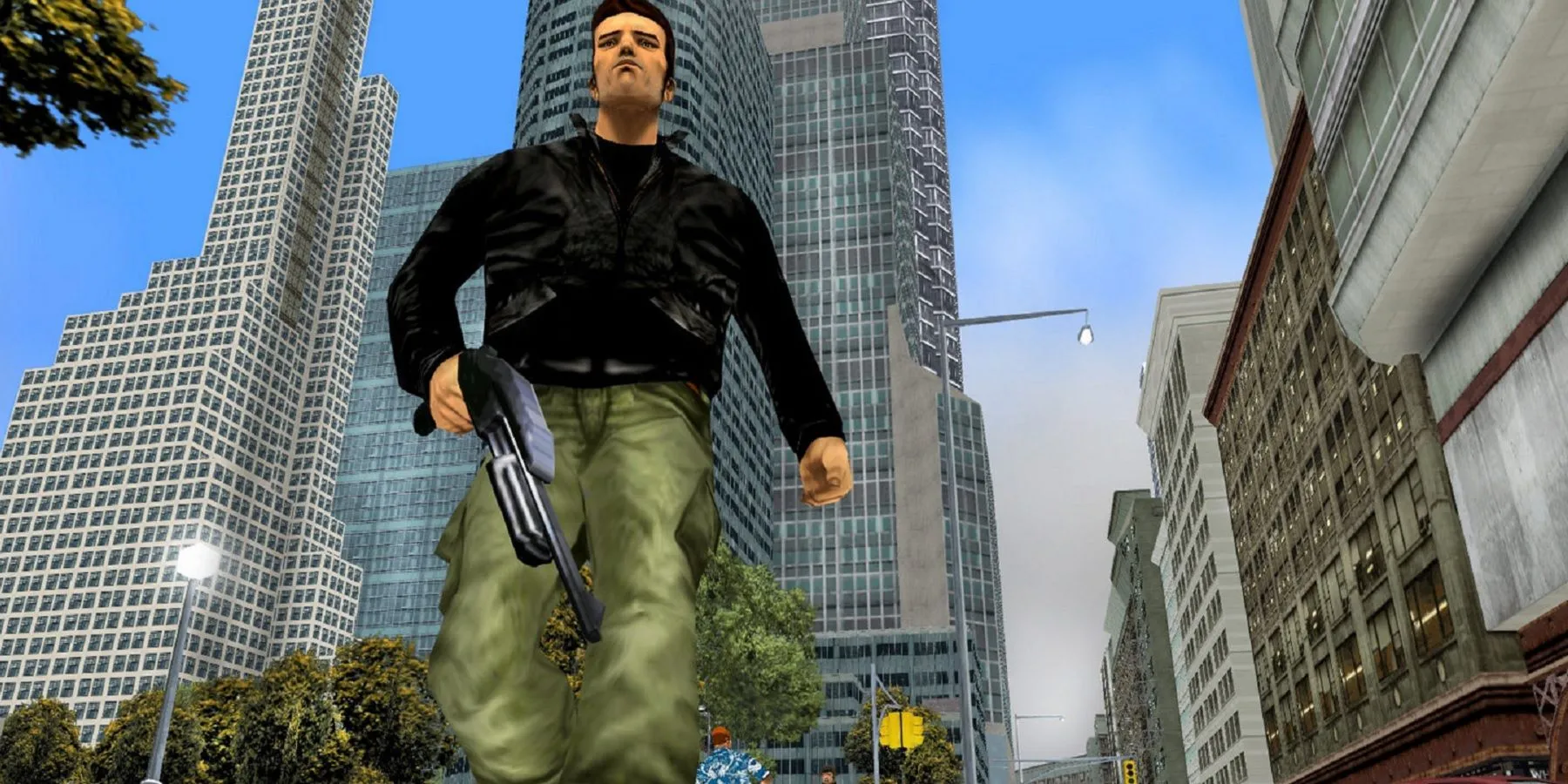 Nhân vật Claude trong Grand Theft Auto 3 cầm súng shotgun trên đường phố Liberty City