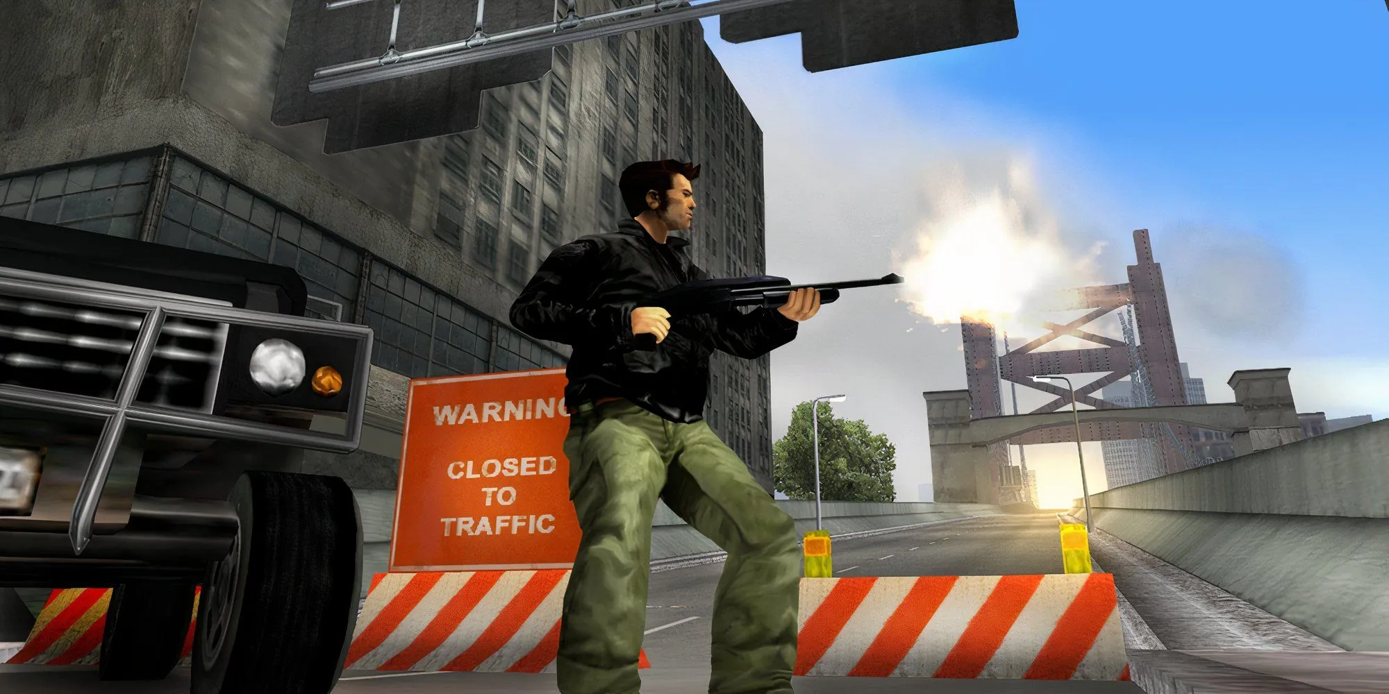 Nhân vật Claude trong GTA 3 đang thực hiện nhiệm vụ với súng trường trong một khu vực ngoài trời