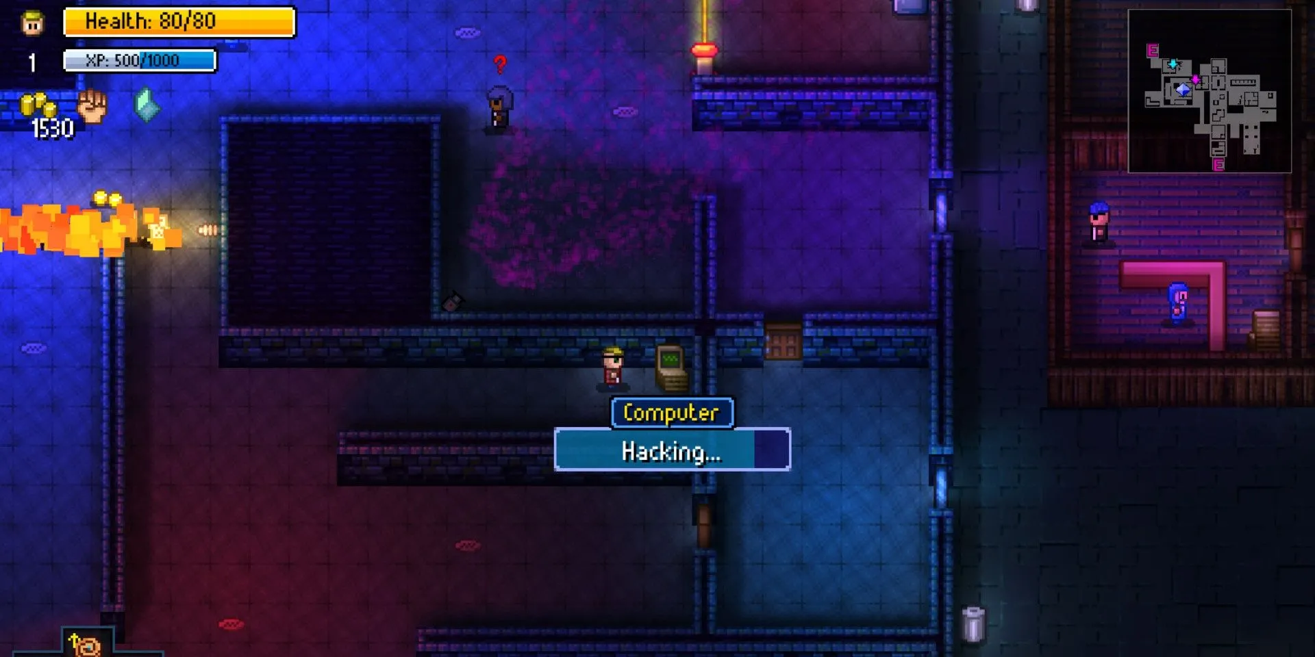 Nhân vật đang hack máy tính để hoàn thành nhiệm vụ trong Streets of Rogue