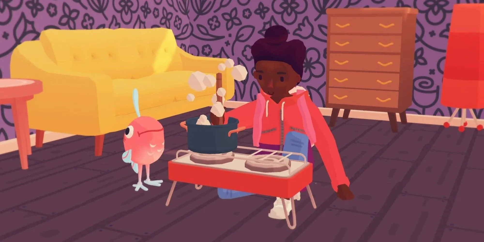 Nhân vật đang nấu ăn cùng một Ooblet đáng yêu trong gian bếp ấm cúng của game Ooblets