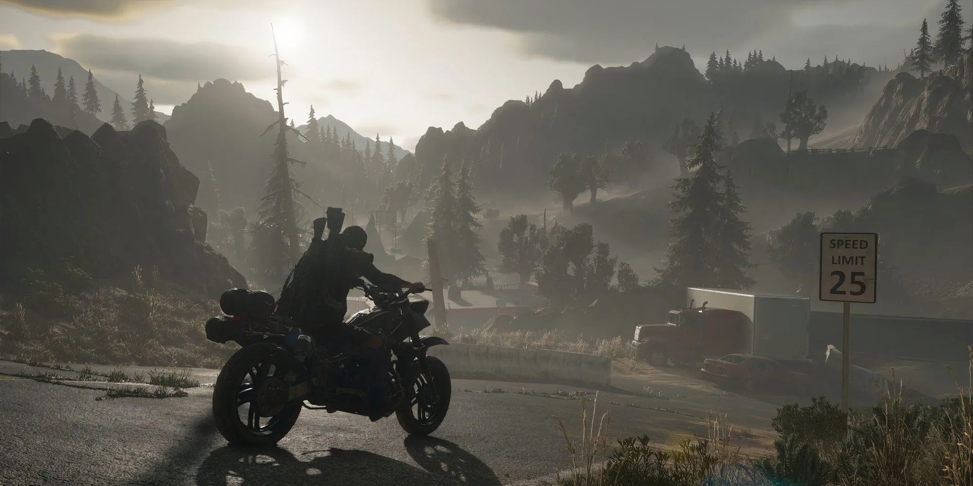 Nhân vật Deacon St. John trong Days Gone đứng cạnh chiếc mô tô giữa khung cảnh hoang tàn