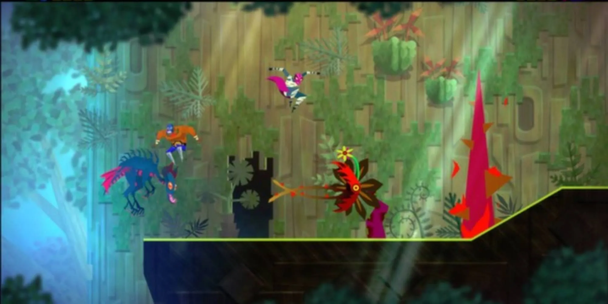Nhân vật đô vật Juan trong Guacamelee! thực hiện cú nhảy trên nền đồ họa đầy màu sắc Mexico
