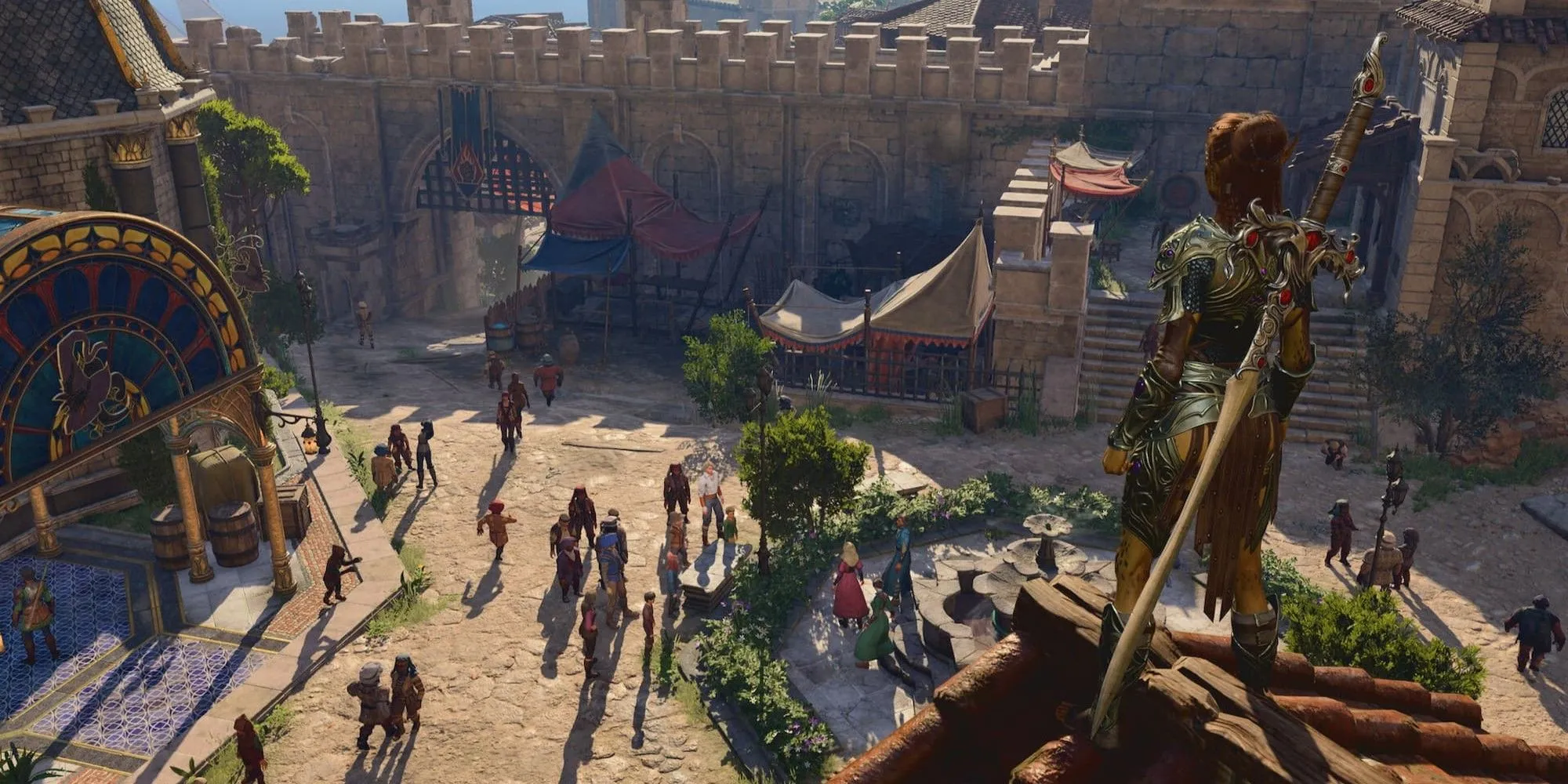 Nhân vật đứng nhìn xuống thành phố trong Baldur's Gate 3