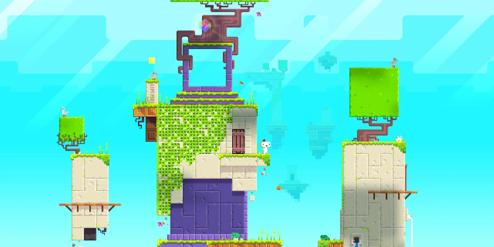 Nhân vật Gomez trong game Fez đứng giữa thế giới pixel độc đáo có thể xoay chiều