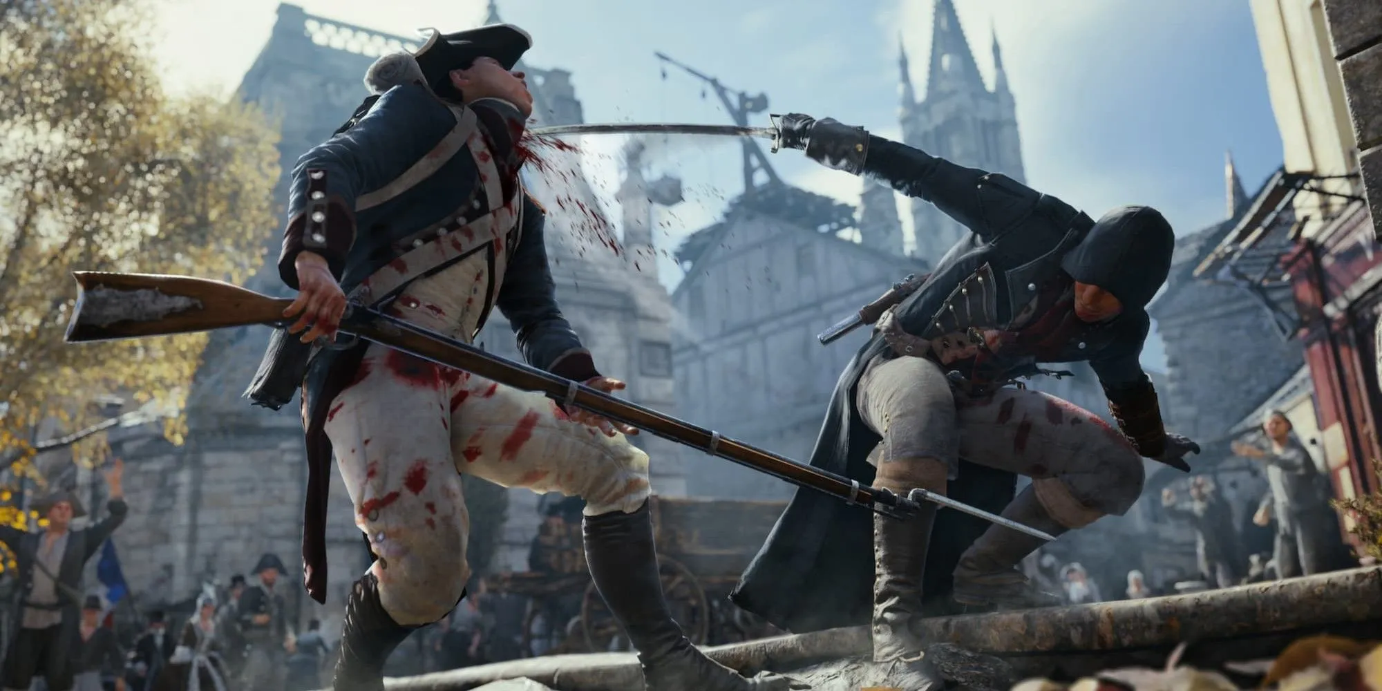 Nhân vật hạ gục một người lính trong Assassin's Creed Unity