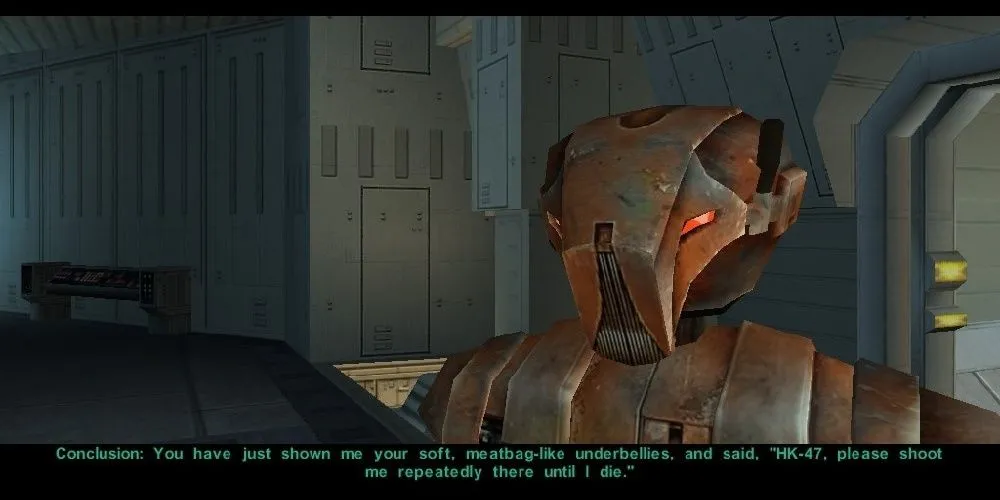 Nhân vật HK-47 trong game Star Wars Knights of the Old Republic, một droid sát thủ nổi tiếng với tính cách hài hước đen tối.