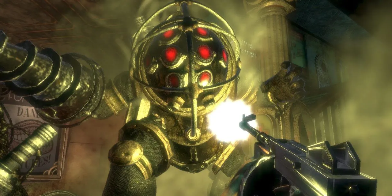 Nhân vật Jack đang bắn Big Daddy bằng súng tiểu liên trong BioShock
