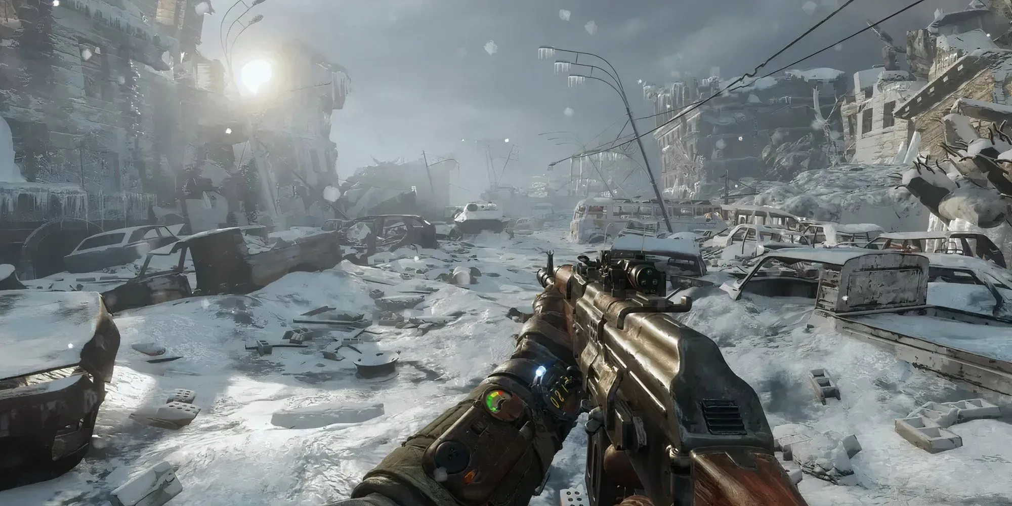 Nhân vật khám phá vùng đất tuyết hoang tàn trong game Metro Exodus với súng trên tay