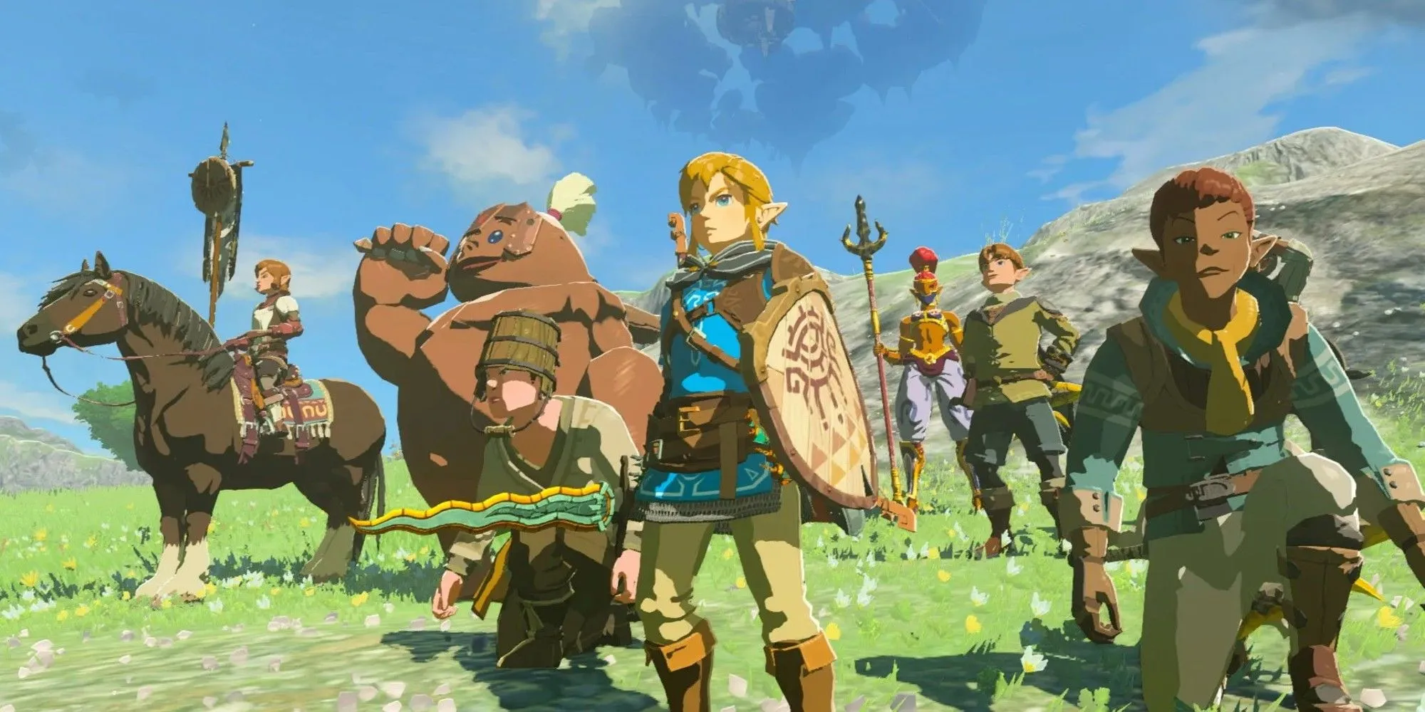 Nhân vật Link và Zelda đứng trên một hòn đảo trên bầu trời trong The Legend of Zelda Tears Of The Kingdom