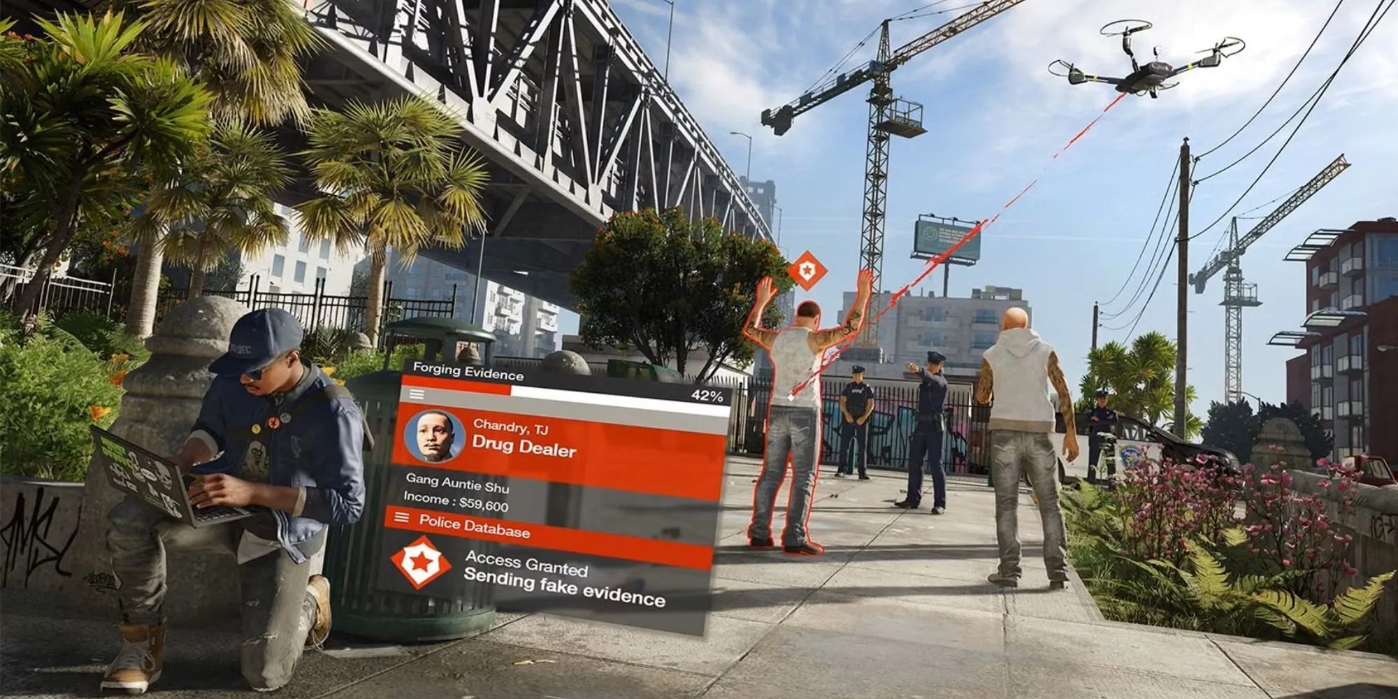 Nhân vật Marcus Holloway trong Watch Dogs 2 đang sử dụng điện thoại để xâm nhập hệ thống camera và điều khiển các thiết bị điện tử trong thành phố San Francisco.
