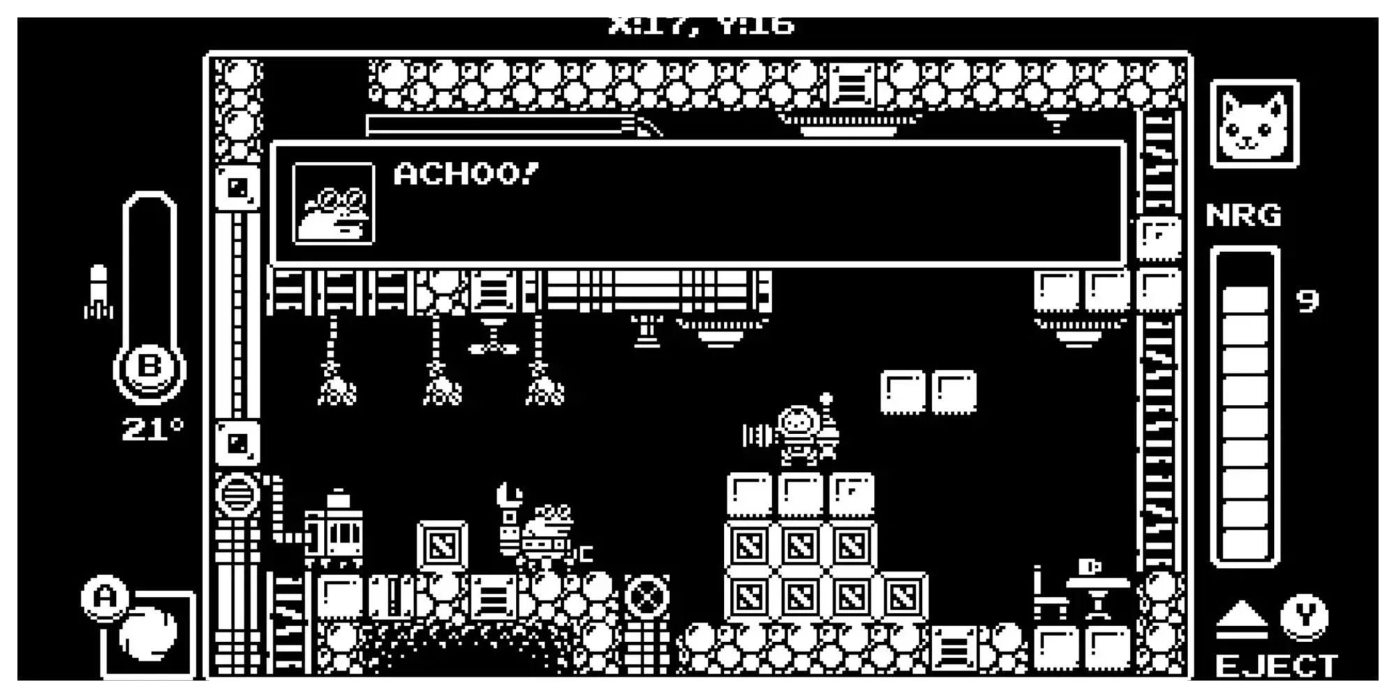 Nhân vật mèo trong bộ giáp robot chiến đấu trong game Metroidvania Gato Roboto với đồ họa pixel đen trắng