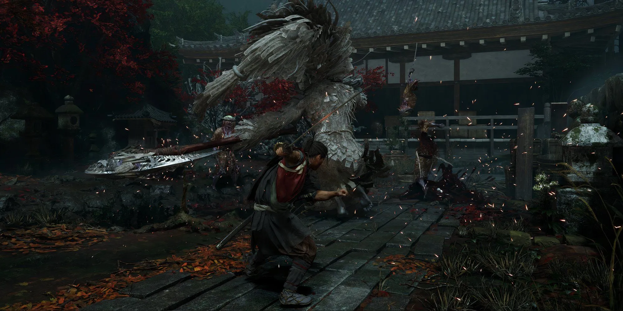 Nhân vật Miyamoto Musashi trong Onimusha: Way of the Sword đang chiến đấu với quái vật trong một cảnh gameplay