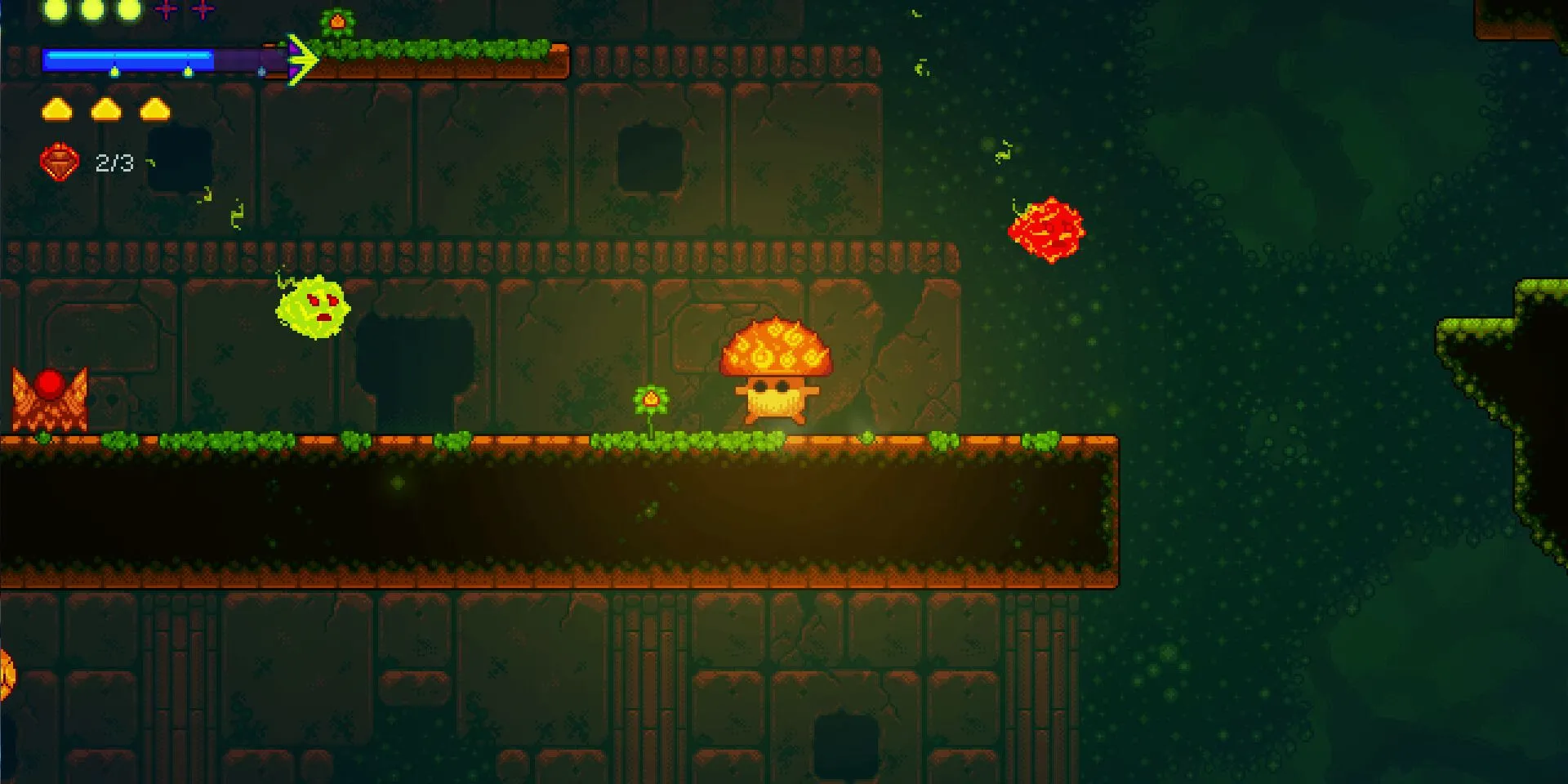 Nhân vật Nấm trong Lone Fungus di chuyển trên một bệ đỡ trong thế giới game đầy màu sắc
