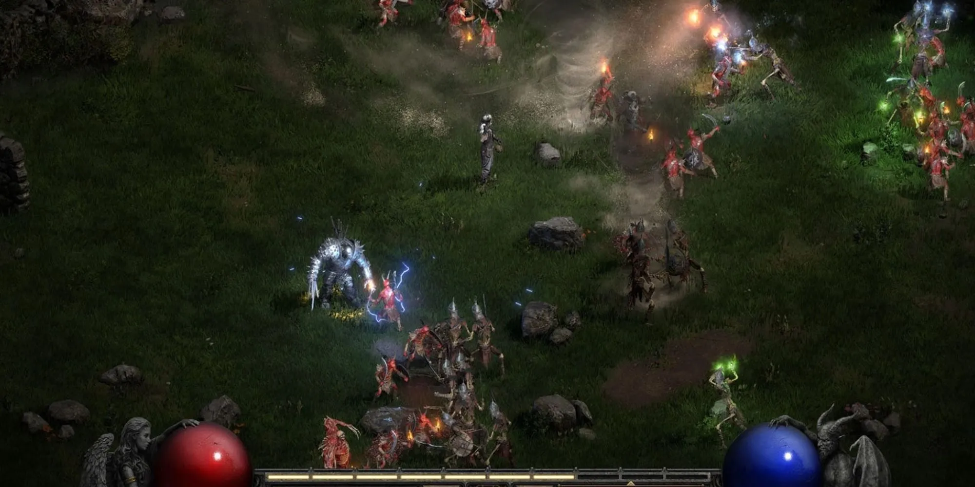 Nhân vật Necromancer và Druid trong Diablo II Resurrected đối mặt với quái vật, thể hiện đồ họa remaster của game