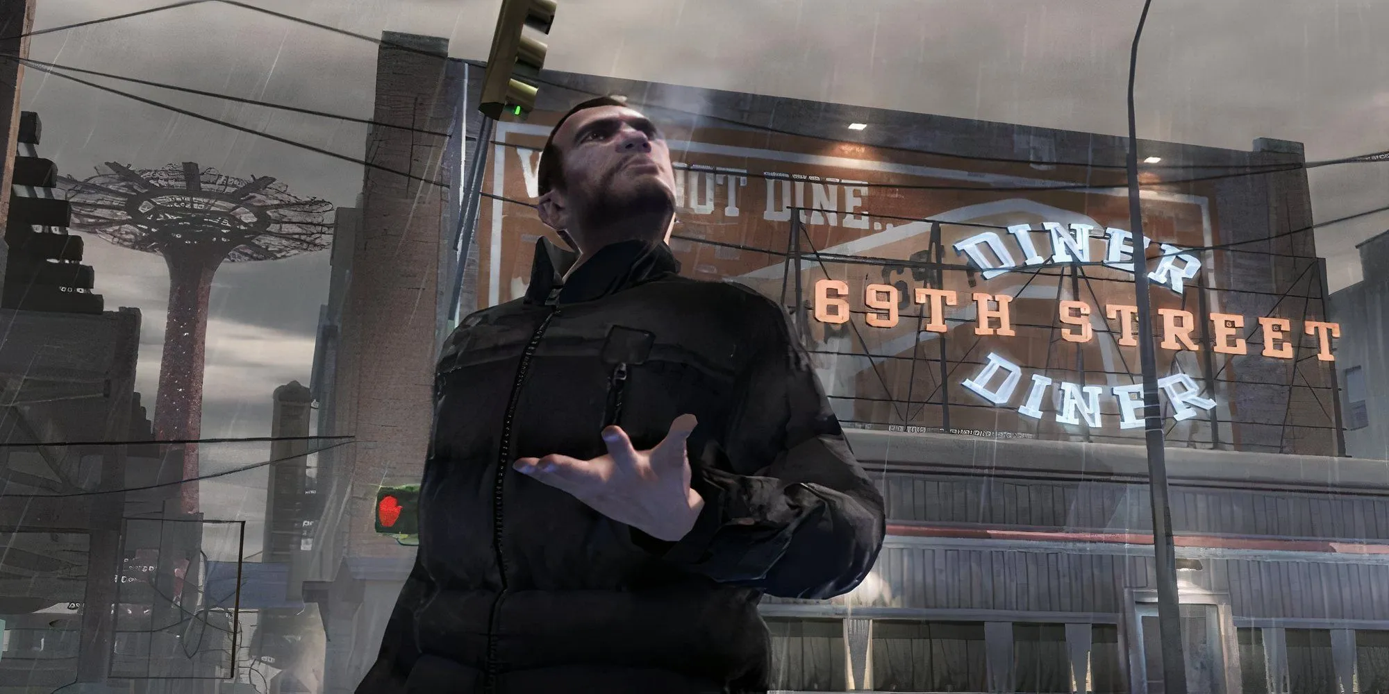 Nhân vật Niko Bellic trong GTA IV đứng ngoài đường và làm cử chỉ tay