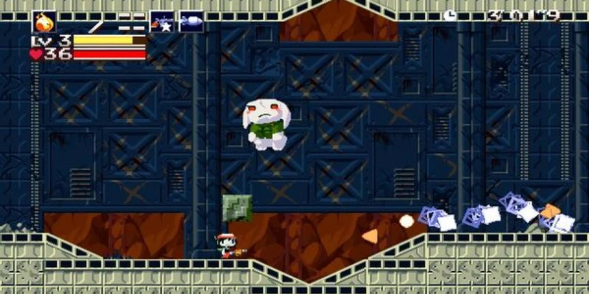 Nhân vật Quote trong Cave Story+ đang bắn súng