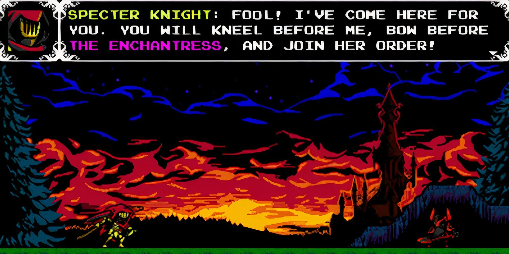 Nhân vật Specter Knight sử dụng lưỡi hái tấn công trong Shovel Knight Specter of Torment, thể hiện đồ họa pixel và lối chơi platformer