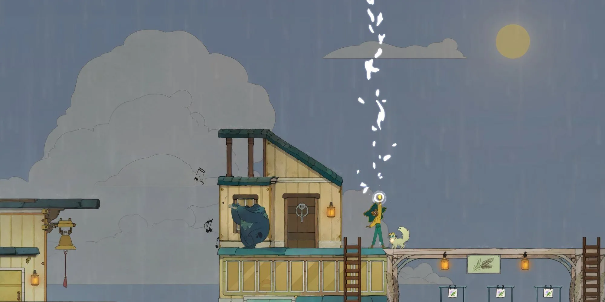 Nhân vật Stella hứng Tia Sét Trong Chai tại sự kiện Bão Sét của game Spiritfarer