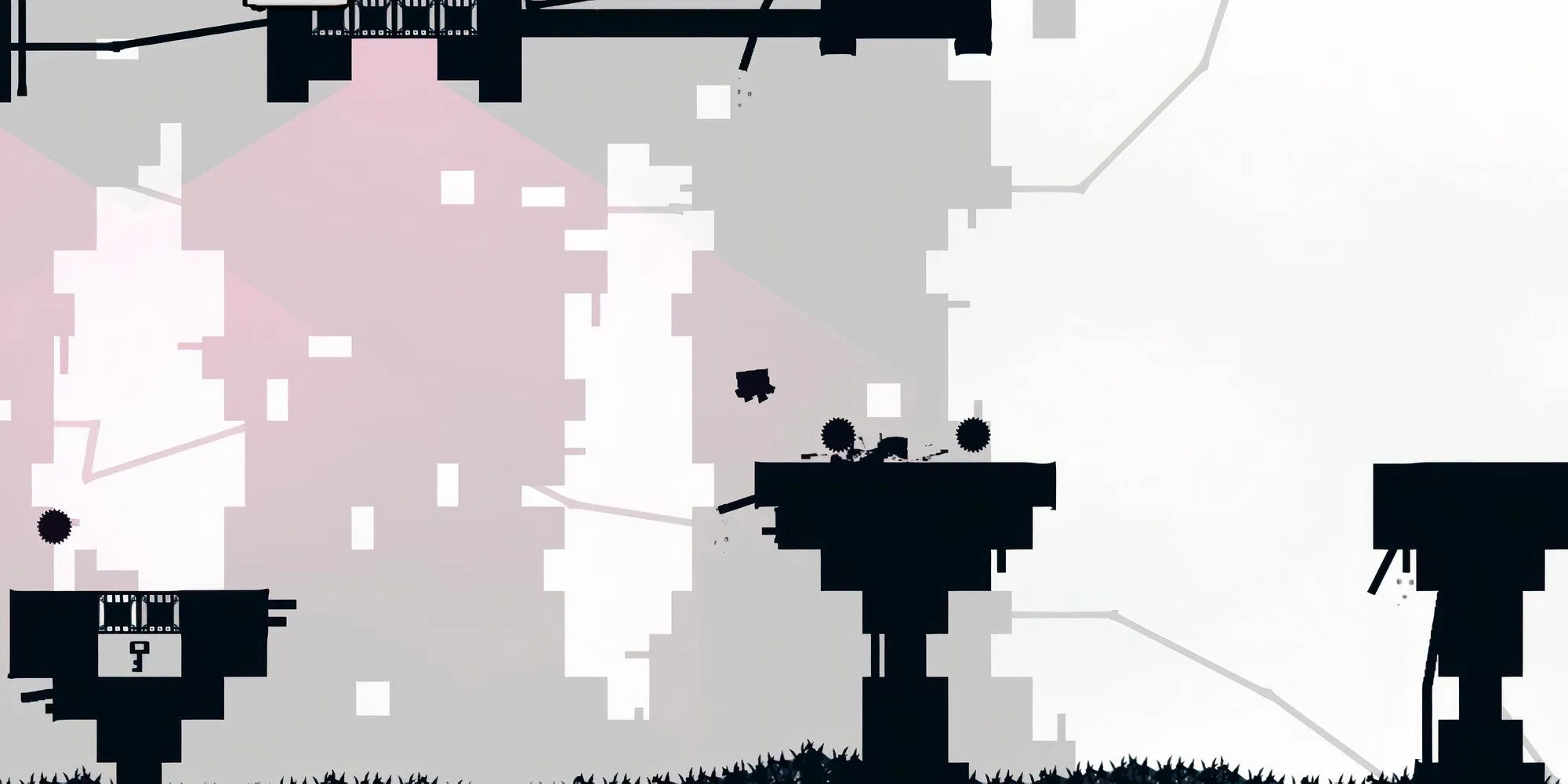 Nhân vật Super Meat Boy đứng gần hai bánh răng cơ khí trên cao