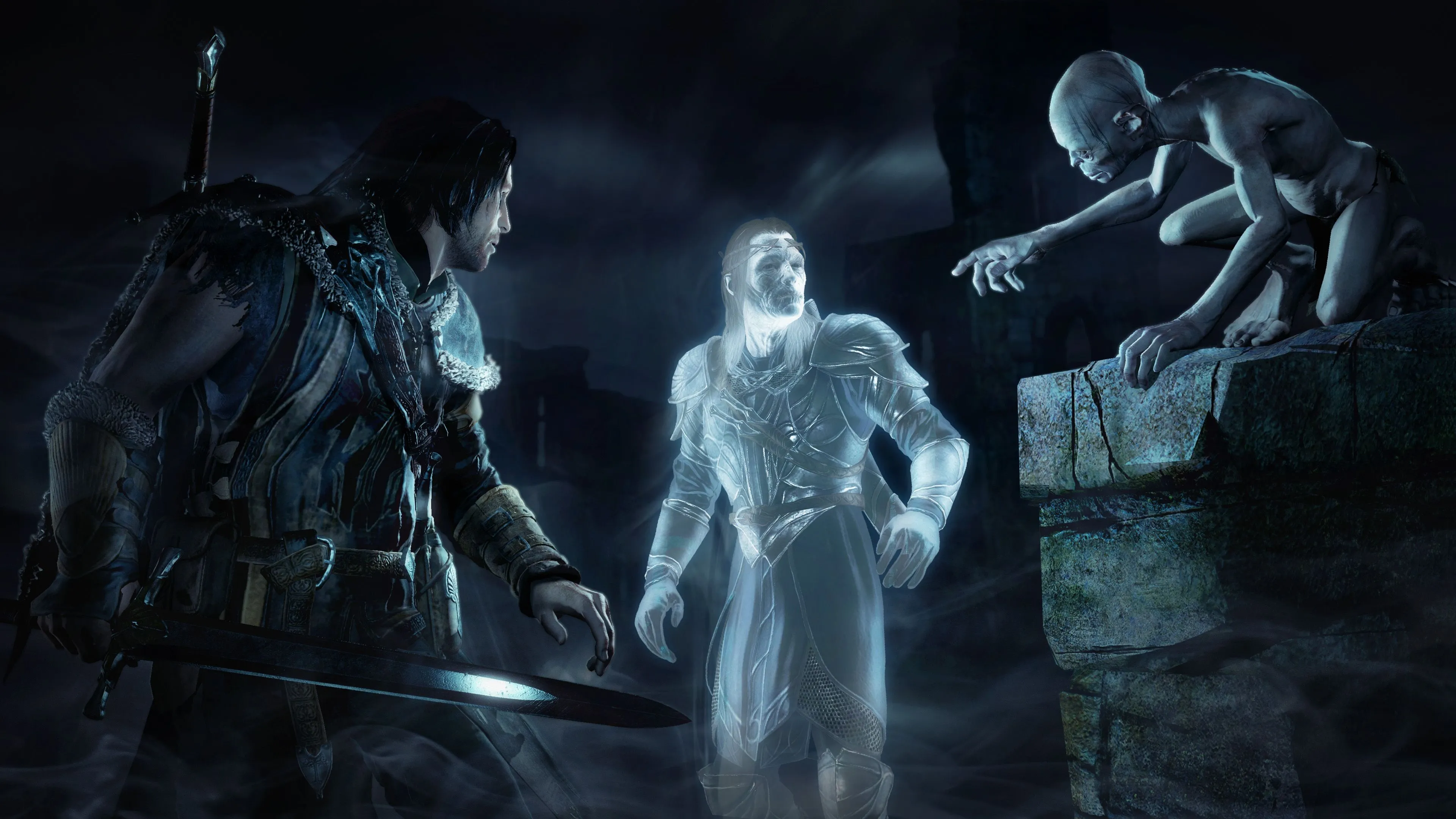 Nhân vật Talion, Celebrimbor và Gollum trong một cảnh của game Middle-earth: Shadow of Mordor