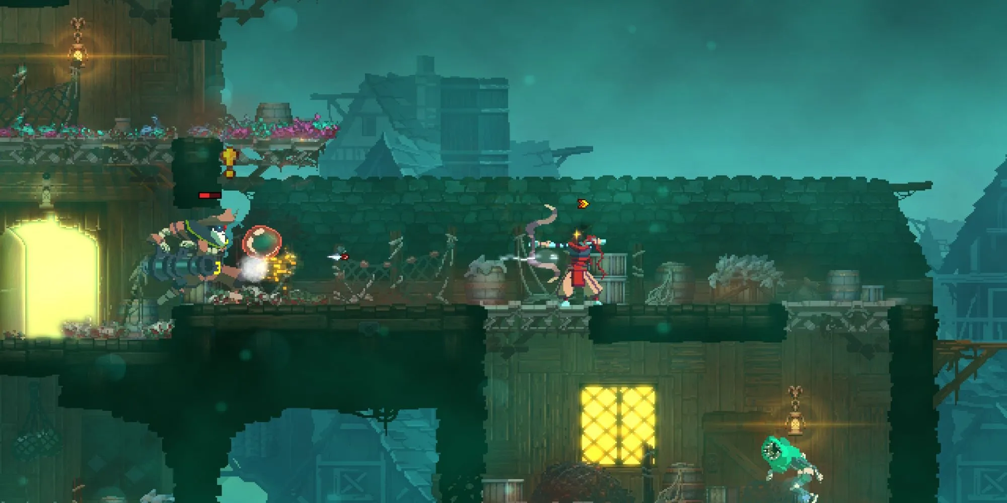 Nhân vật The Beheaded trong Dead Cells chiến đấu với kẻ thù trong một hầm ngục